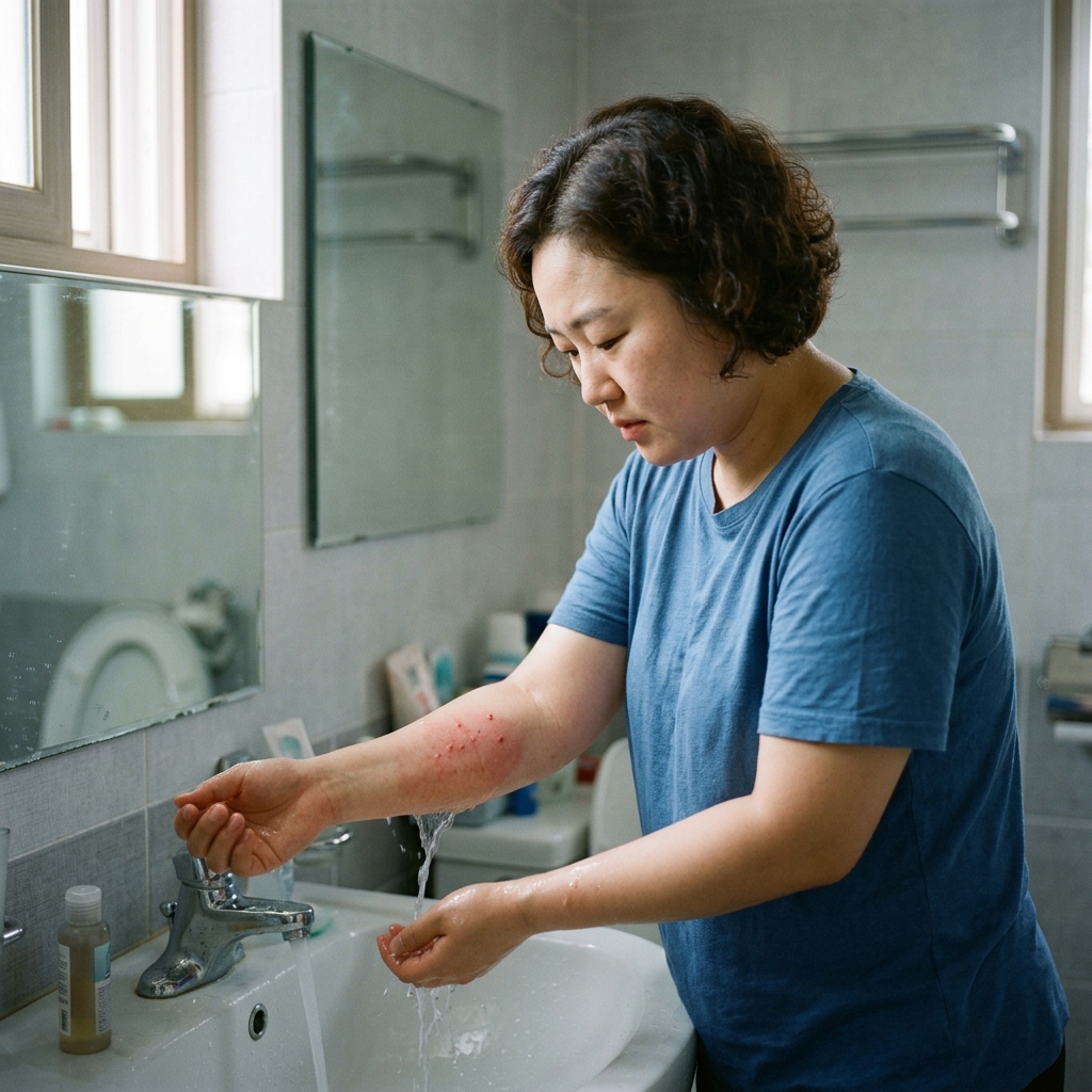 여행지 숙소 세면대에서 팔에 올라온 붉은 발진 부위를 차가운 물로 씻고 있는 30대 여성의 모습
