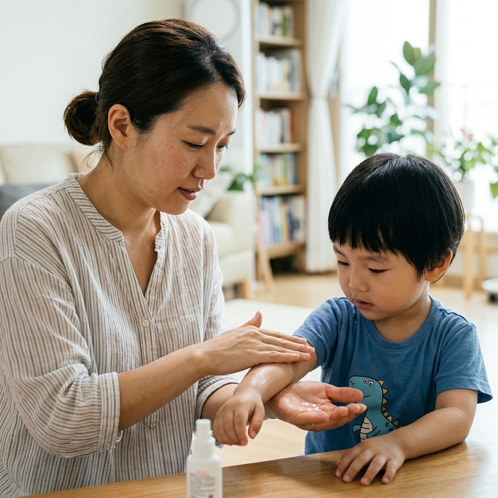 소아용 모기 기피제를 손에 뿌려 아이 팔에 펴 바르는 엄마 손, 밝은 실내