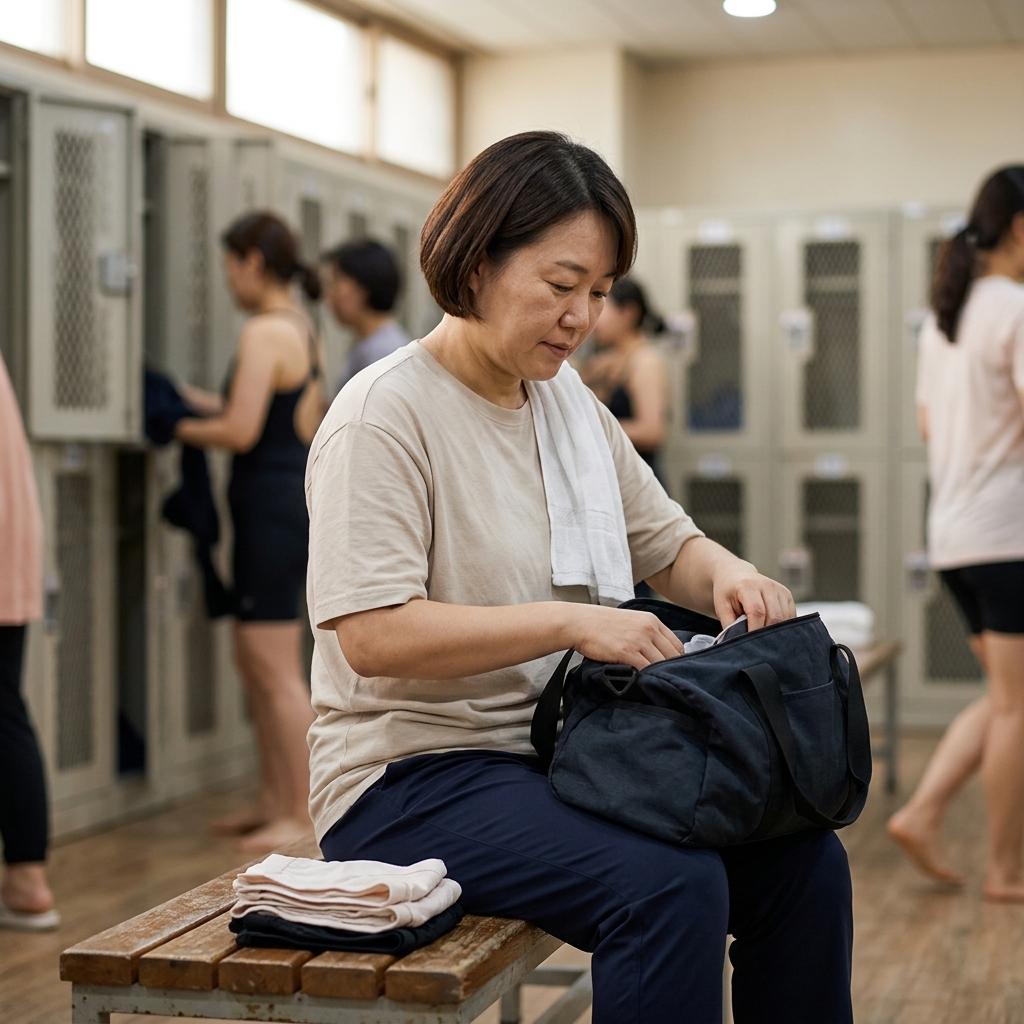 수영장 탈의실 벤치에서 밝은 색 반팔 티셔츠를 입고 가방을 정리하며 마른 속옷으로 갈아입을 준비를 하는 40대 여성