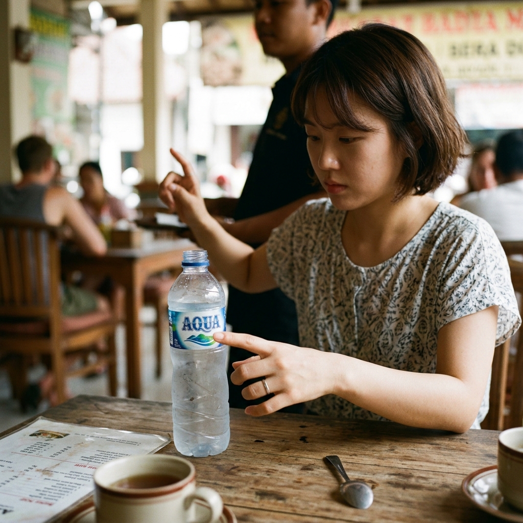 발리 현지 음식점에서 생수병을 확인하며 음료를 주문하는 여행객의 손