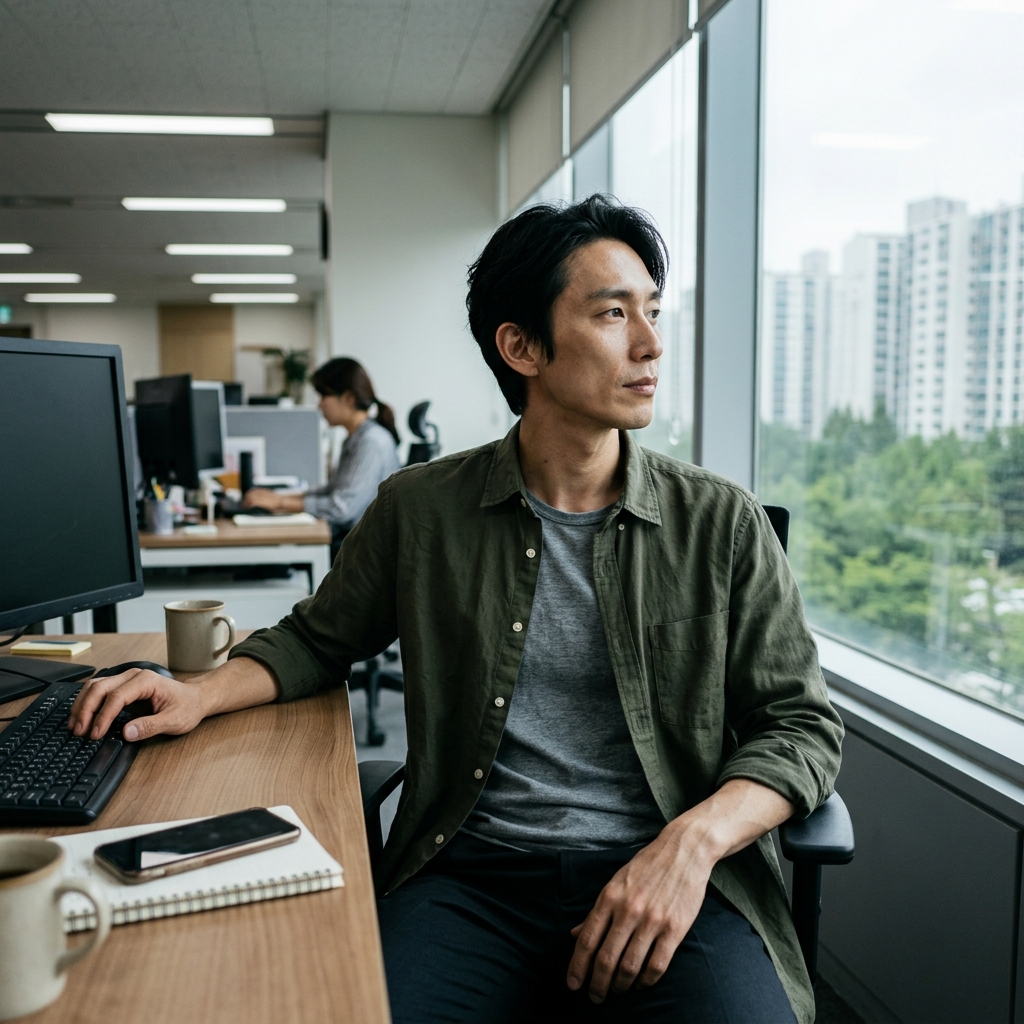 사무실 책상 앞에 앉아 모니터를 보다가 창밖 먼 풍경을 응시하는 30대 직장인의 모습, 자연광이 들어오는 실내