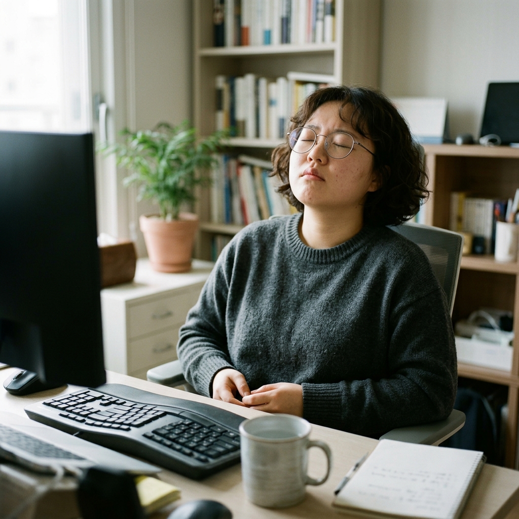 책상 앞에서 잠시 일을 멈추고 눈을 감고 깜빡이는 20대 여성의 모습, 옆에 물컵과 키보드가 보이는 실내