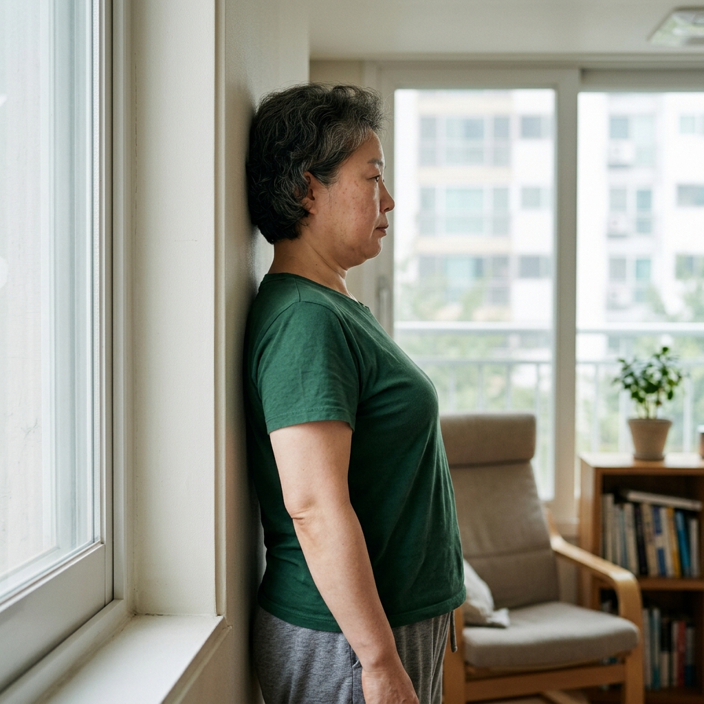 벽에 등을 기대고 턱을 뒤로 당기는 경추 운동을 하는 중년 여성, 밝은 실내, 반팔 티셔츠 차림