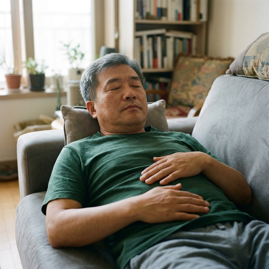 손을 배 위에 올리고 누워서 복식호흡을 연습하는 중년 남성