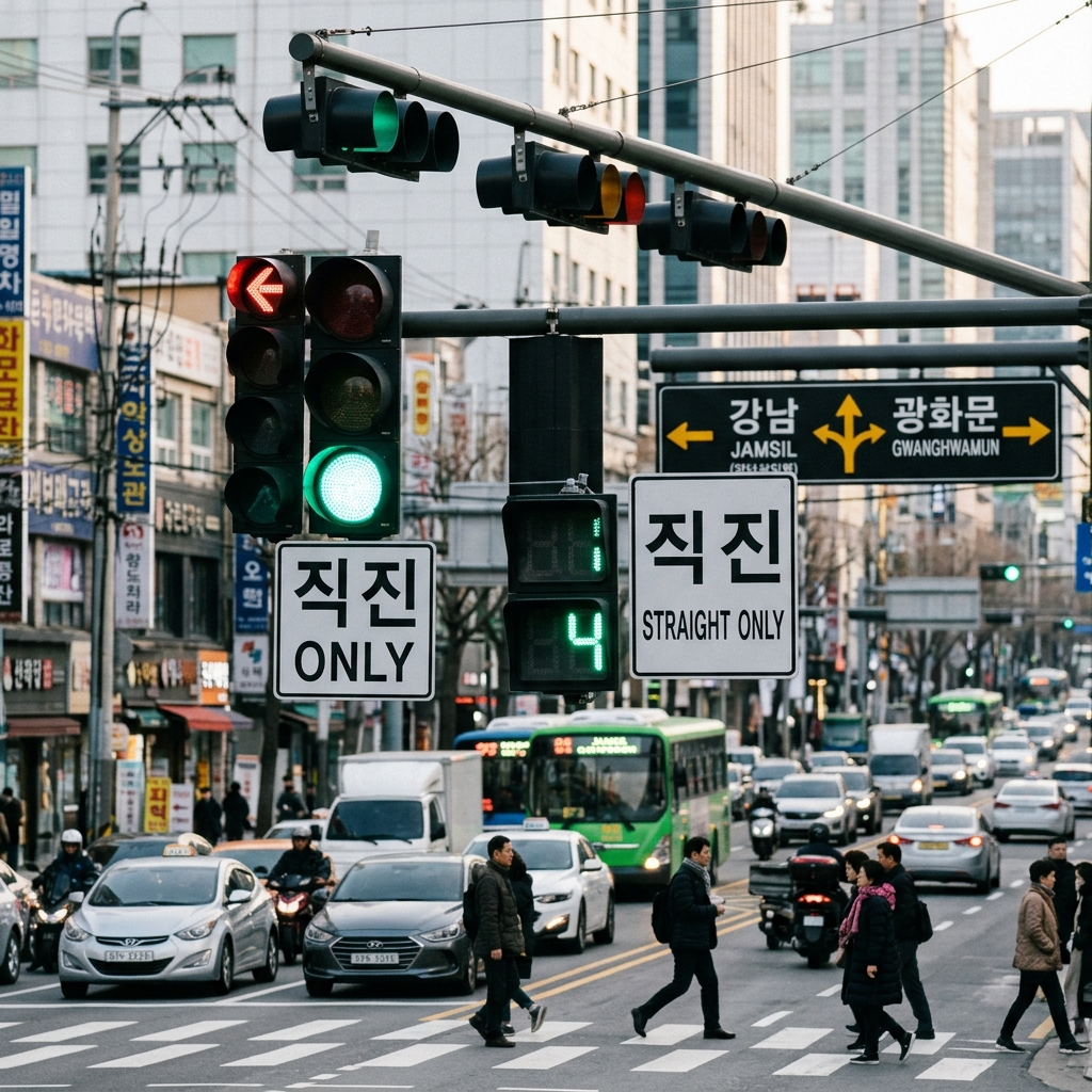 도심 교차로에 설치된 빨강·노랑·초록 신호등의 모습
