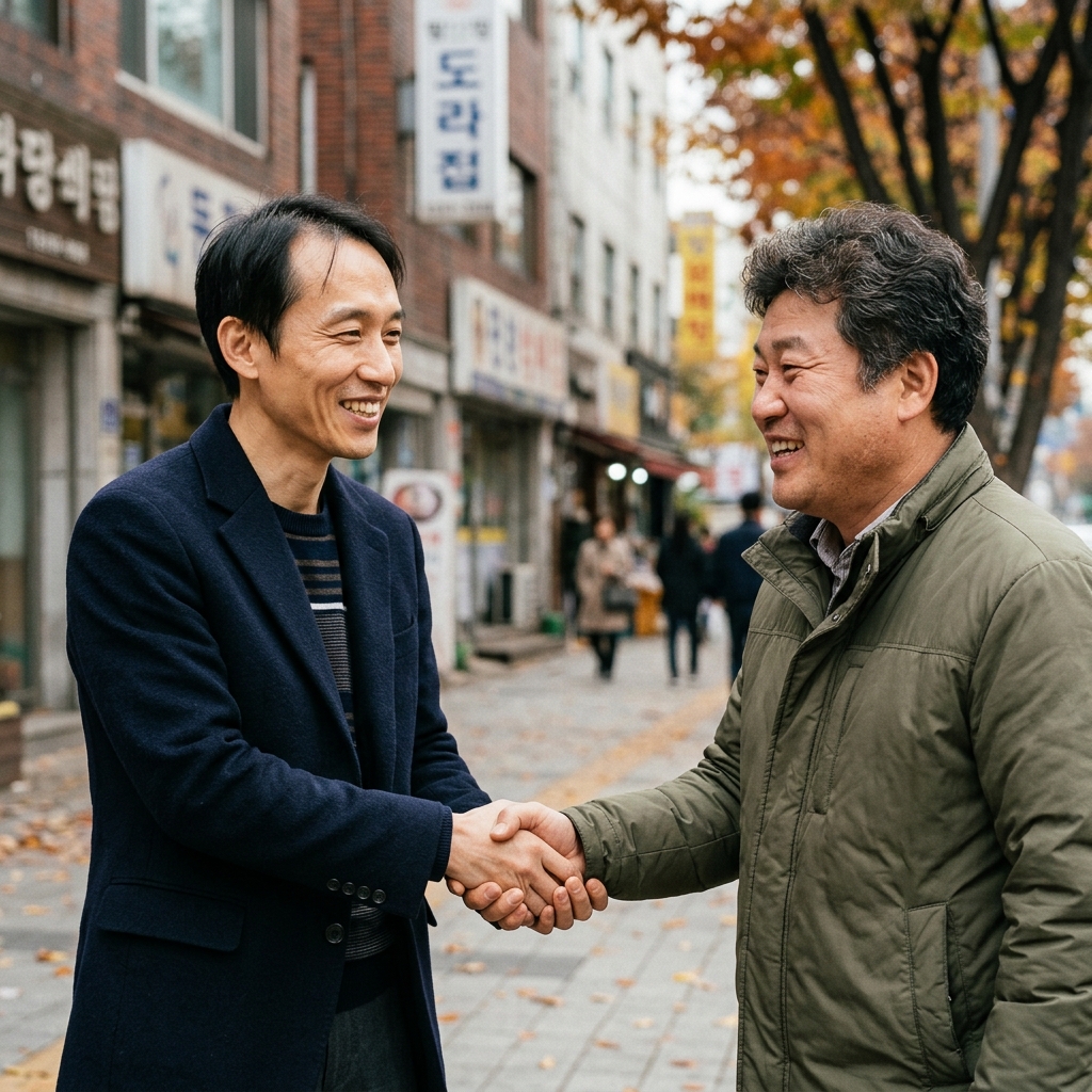 밝은 표정으로 악수하며 인사하는 두 사람의 모습