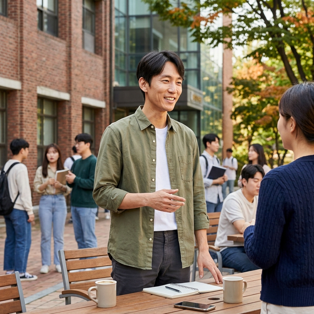 밝은 표정과 자신감 있는 자세로 대화하는 사람