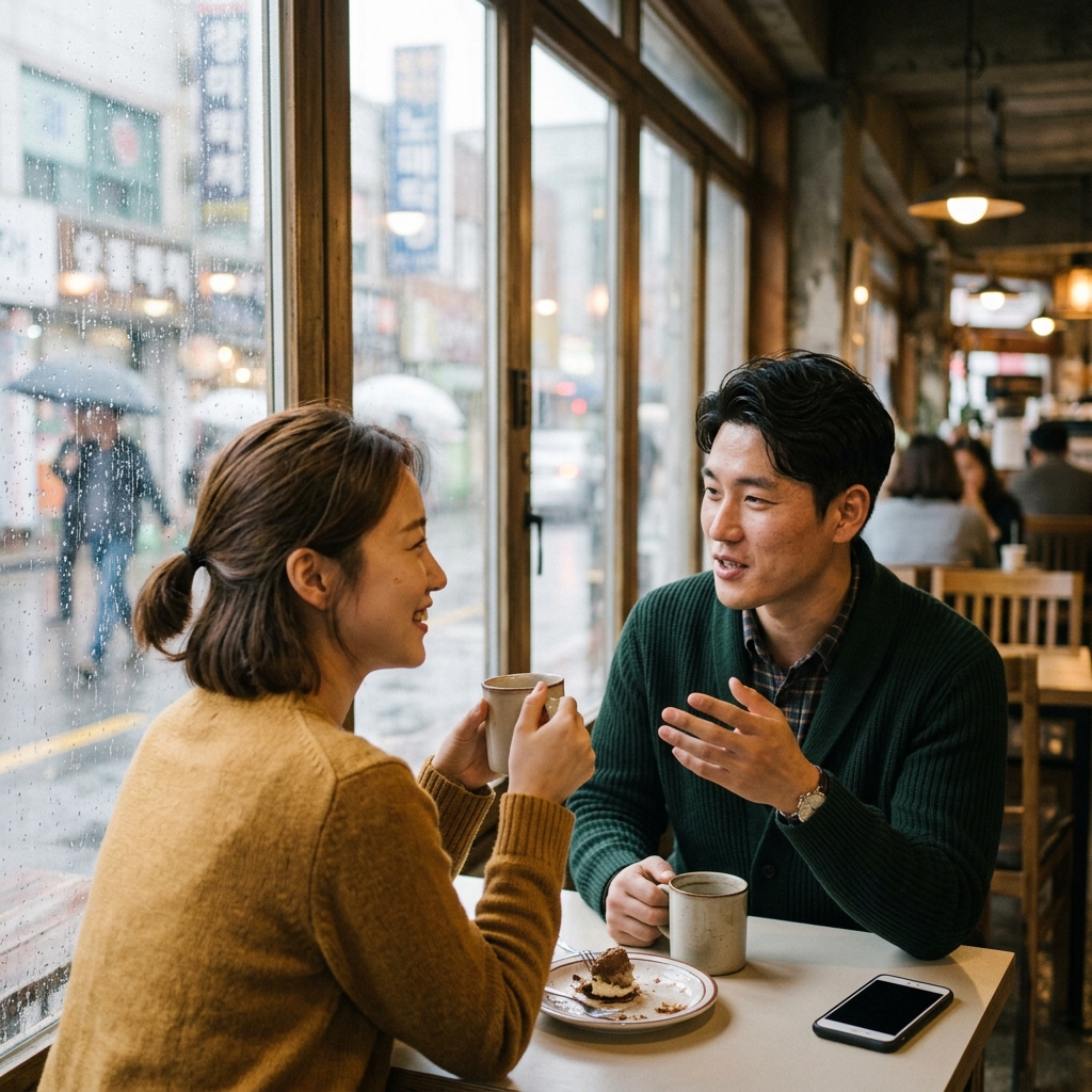 비 오는 창가에서 따뜻한 음료를 마시며 대화하는 커플의 모습