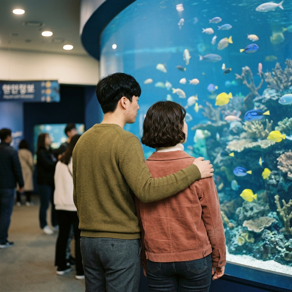 아쿠아리움 수조 앞에서 물고기를 바라보는 커플의 뒷모습