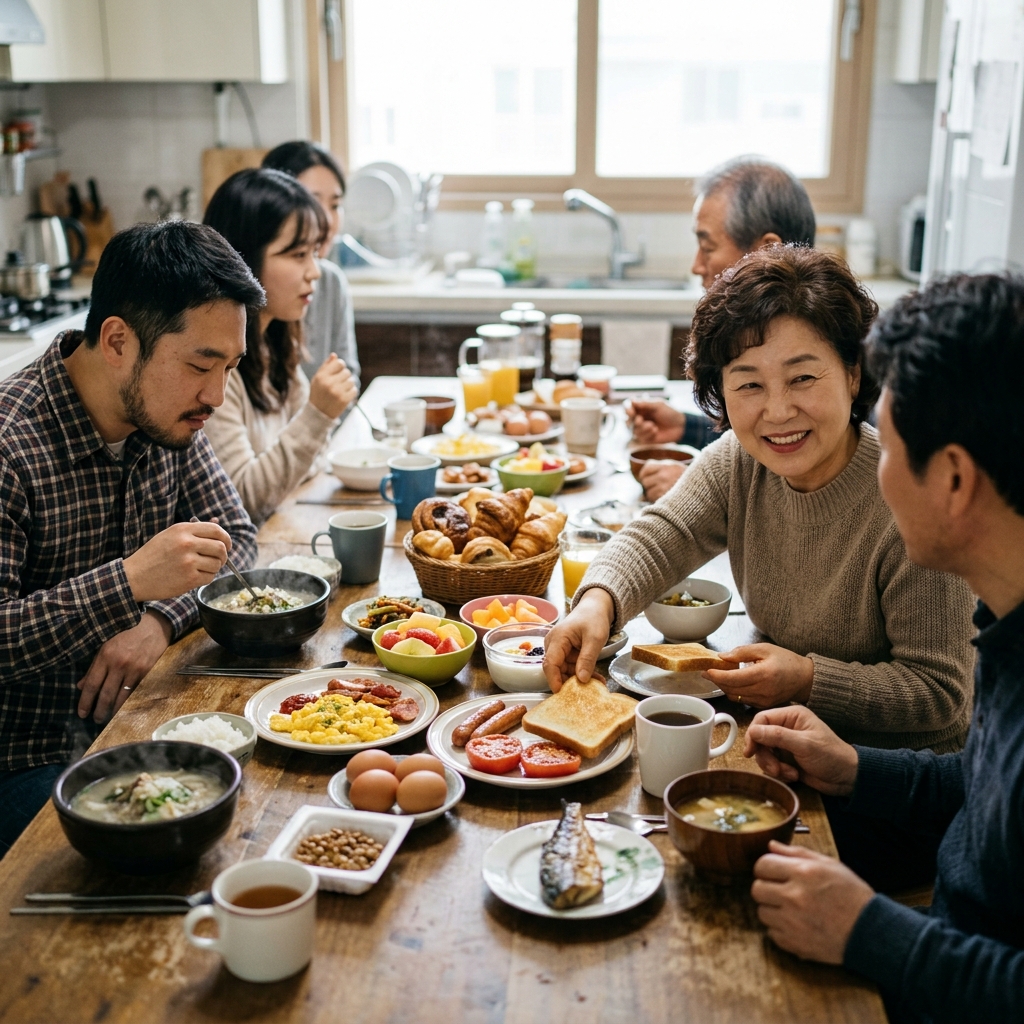 세계 각국의 다양한 아침 식사가 한 테이블에 놓인 모습