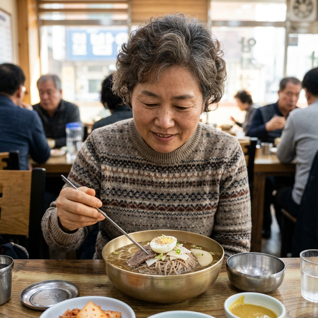맑은 육수와 메밀면이 담긴 평양냉면 한 그릇을 앞에 두고 있는 모습