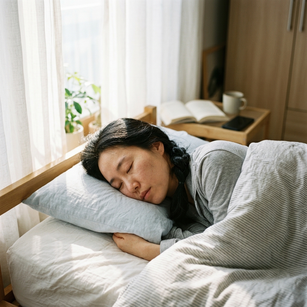 침대에서 편안하게 잠든 한국인 성인의 얼굴, 부드러운 아침 햇살이 비치는 침실