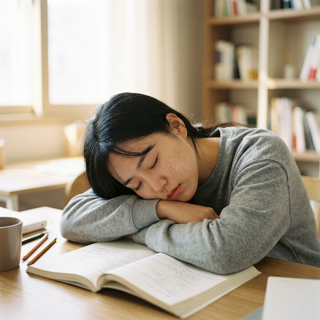 책상 앞에서 책을 보다가 책상에 엎드려 낮잠을 자는 한국인 젊은 여성