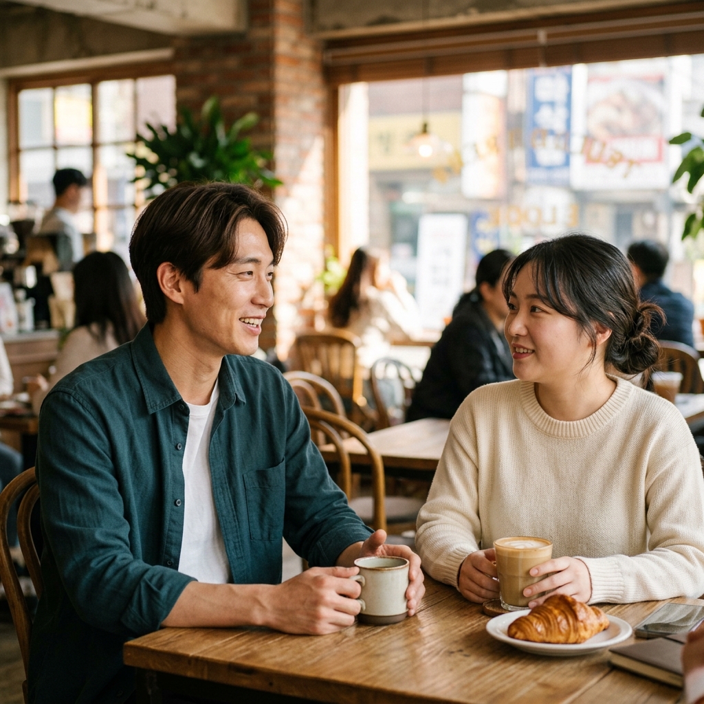 한국 남성과 일본 여성이 카페에서 대화하는 자연스러운 모습
