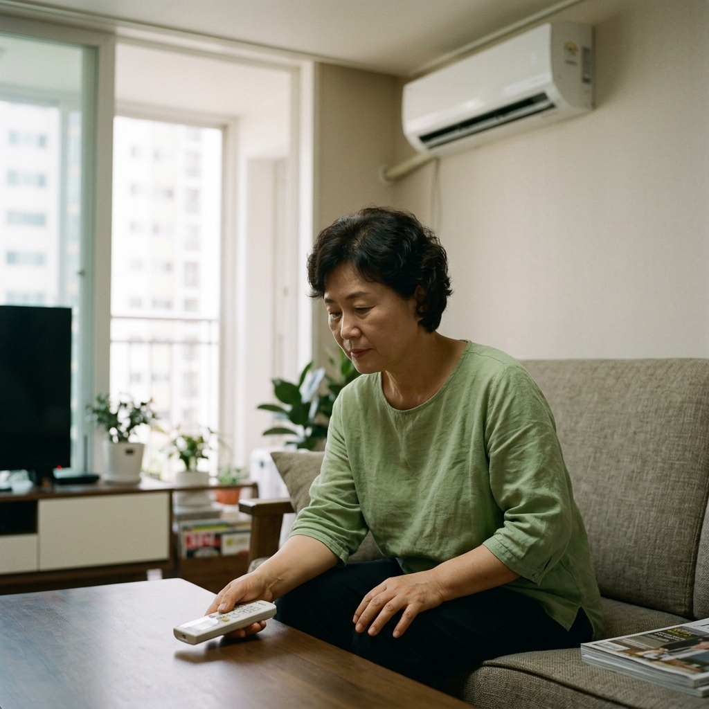 에어컨 실내기와 리모컨이 놓인 거실 장면