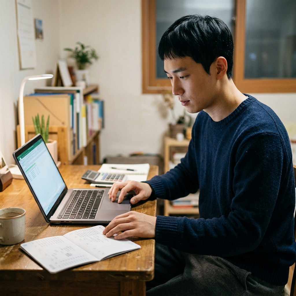 월급통장을 확인하며 노트북으로 예산을 정리하는 사회초년생의 모습