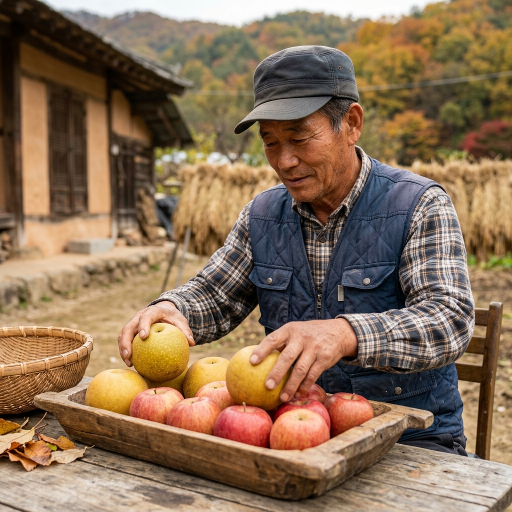 가을철 대표 과일 사과와 배가 나무 쟁반에 담긴 모습