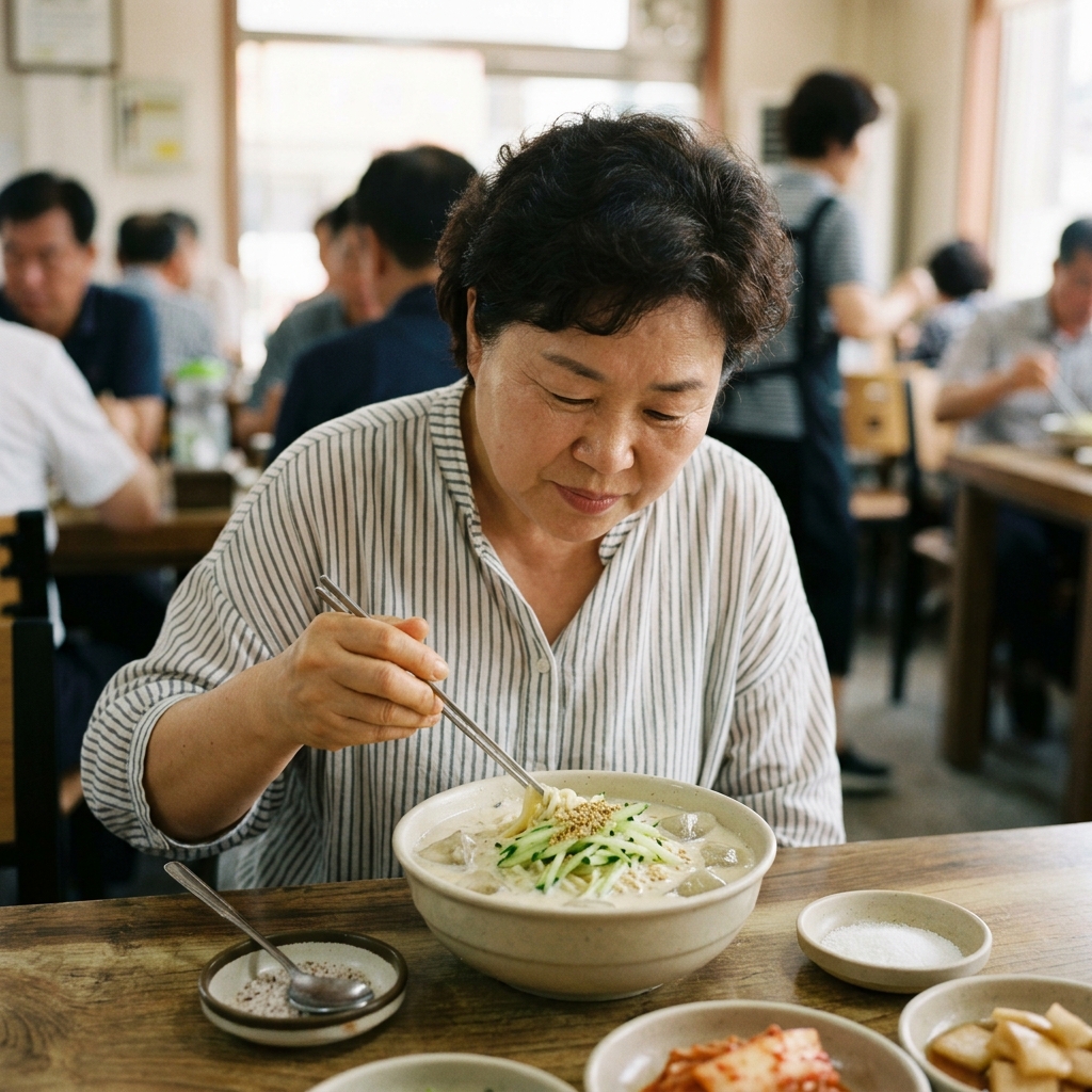 차가운 콩국수 한 그릇과 소금 설탕이 놓인 식탁 풍경