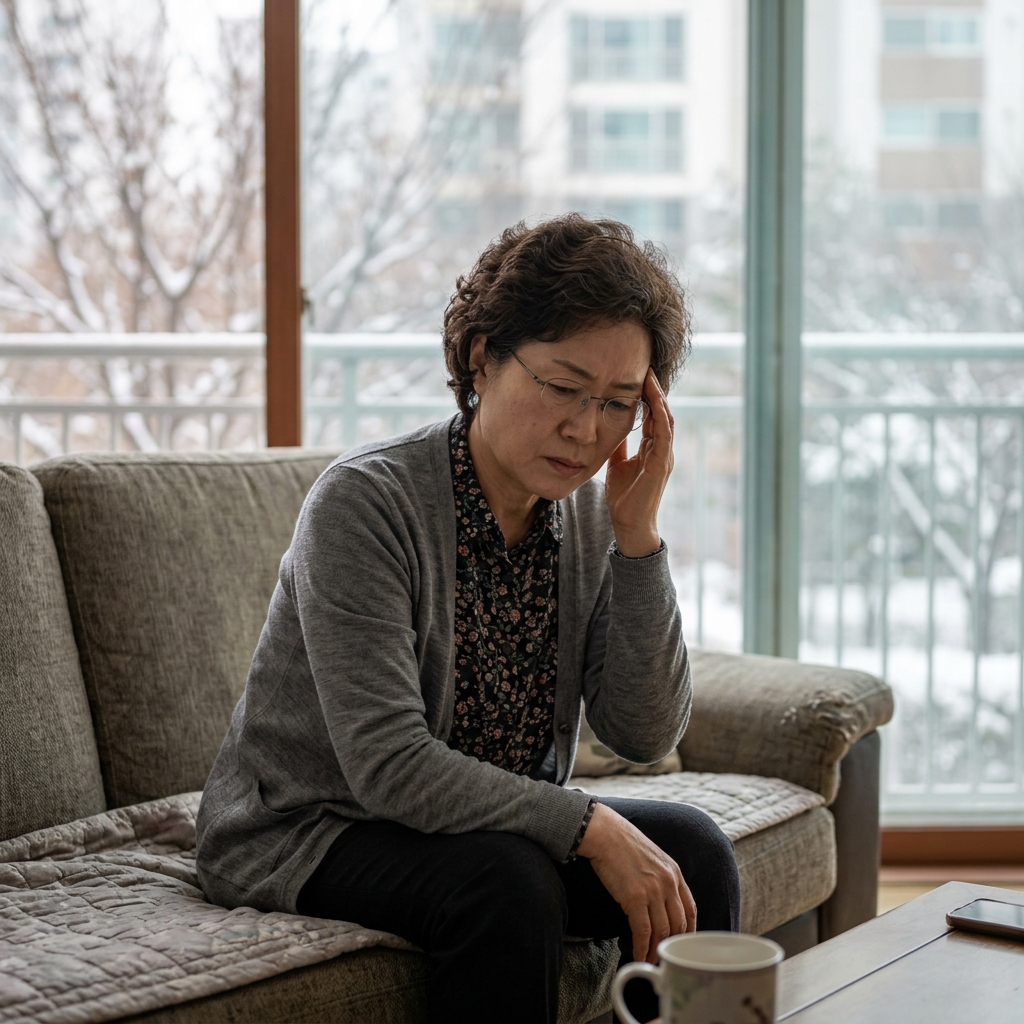 따뜻한 거실 소파에 앉아 관자놀이를 누르고 있는 중년 여성, 얇은 가디건을 입고 창밖으로 겨울 풍경이 보인다