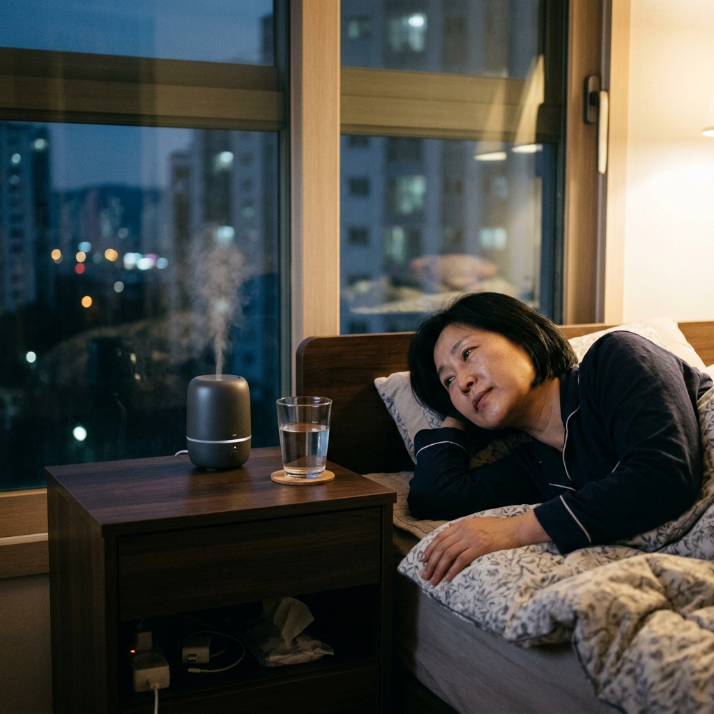 침대 옆 테이블 위에 놓인 가습기와 물컵, 창밖으로 어두운 저녁 풍경이 보인다