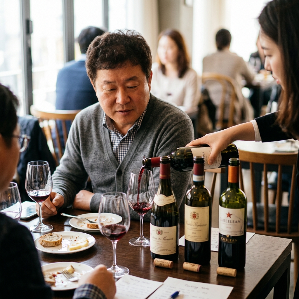 프랑스, 이탈리아, 칠레 와인병이 나란히 놓인 테이블 위 장면