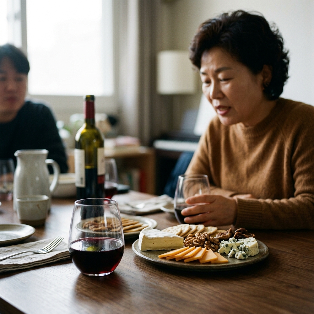 와인잔에 따라진 레드 와인과 치즈 플레이트가 함께 놓인 식탁