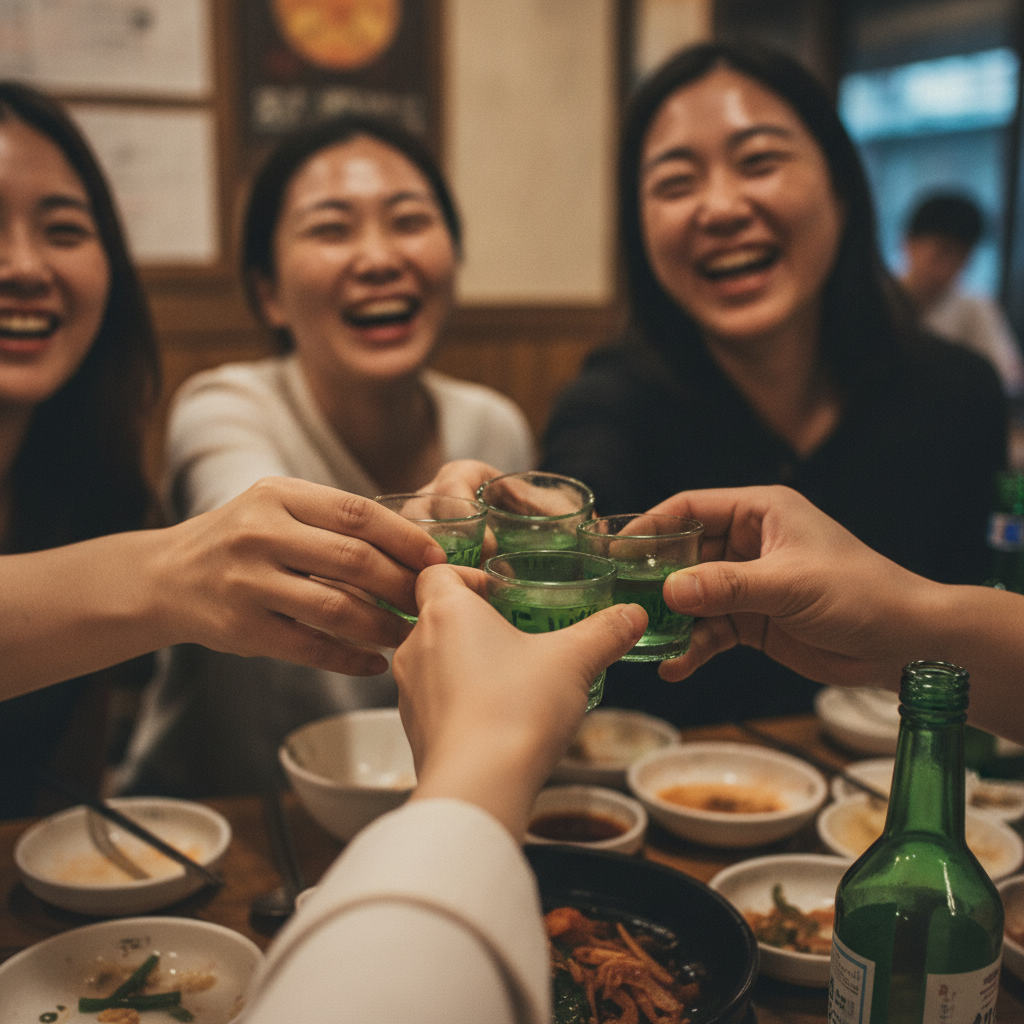 술잔을 부딪치며 건배하는 사람들의 손과 웃는 표정
