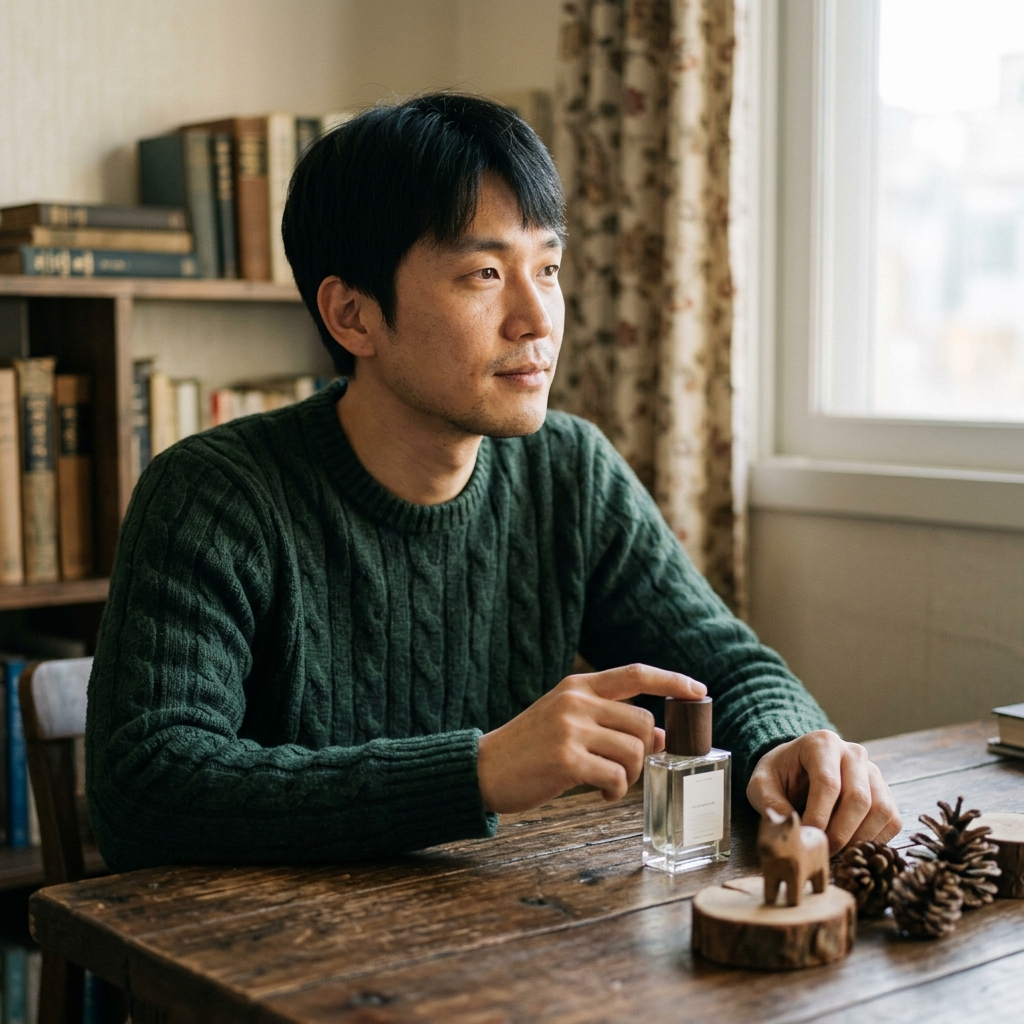 우디 계열 향수와 나무 장식이 함께 놓인 모습