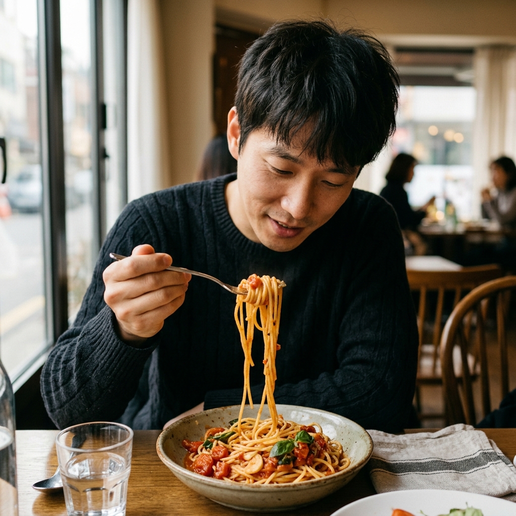 포크에 감긴 긴 파스타면과 소스가 어우러진 장면
