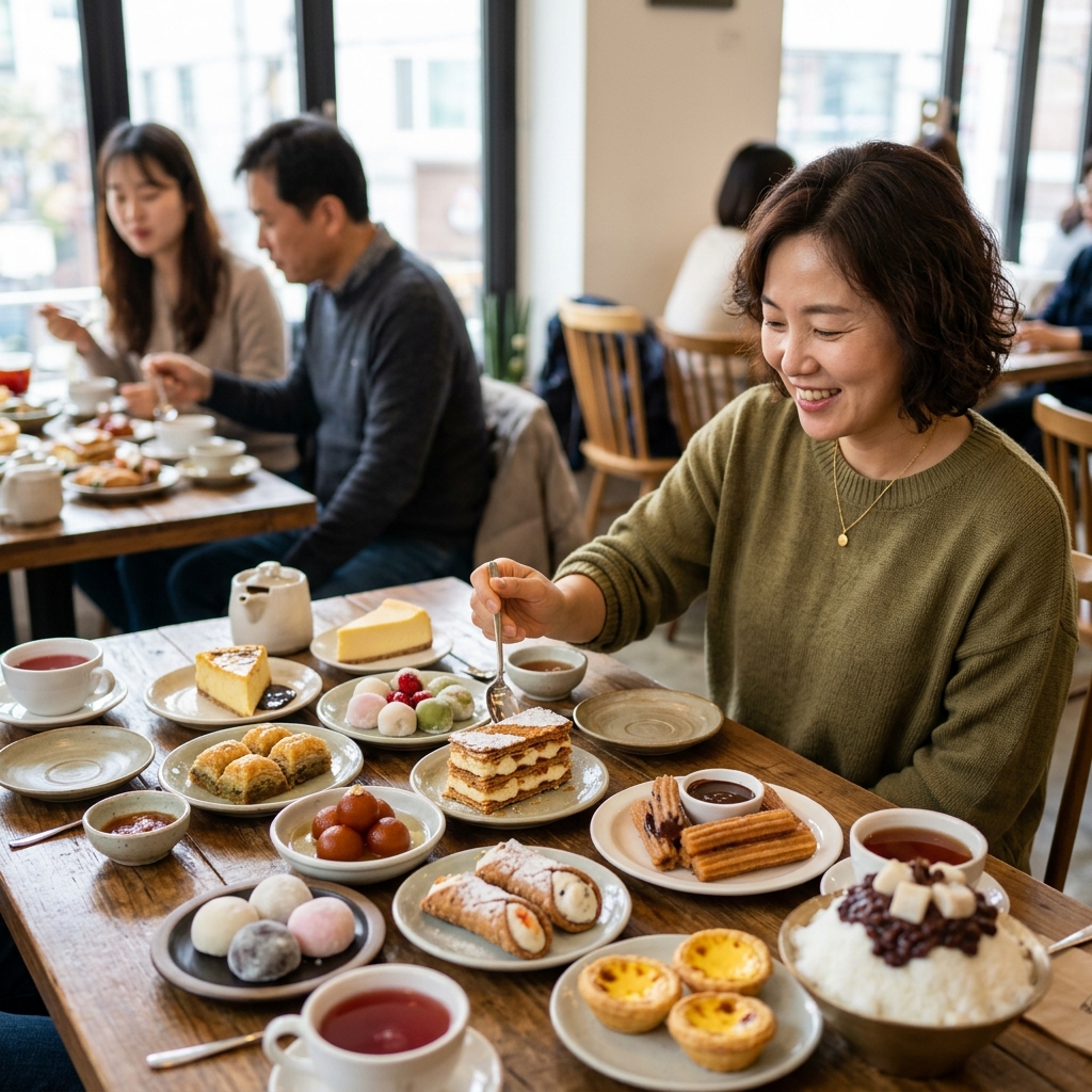 세계 각국의 다양한 디저트가 놓인 테이블 풍경