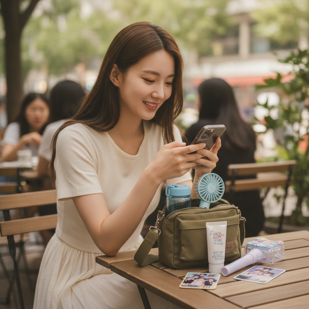 휴대용 선풍기와 물병, 선크림이 담긴 작은 크로스백