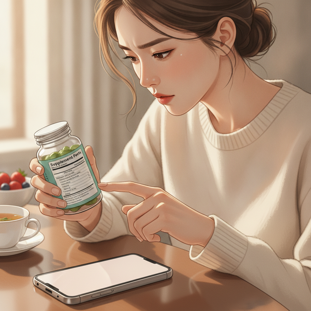 테이블 위에 놓인 다이어트 보조제 병과 스마트폰, 성분표를 꼼꼼히 읽고 있는 30대 한국인 여성의 손과 집중하는 표정