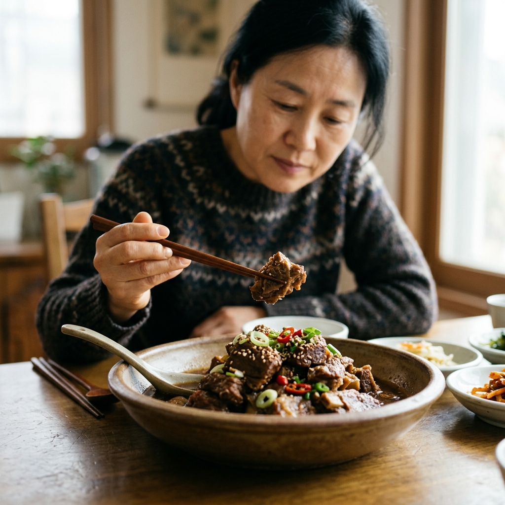 브라운 소스가 살짝 배어든 촉촉한 단백질 요리가 담긴 그릇