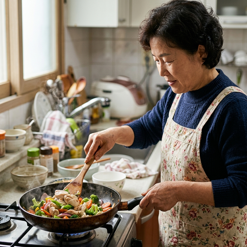 브라인 처리된 닭가슴살이 채소와 함께 팬에서 볶아지는 장면