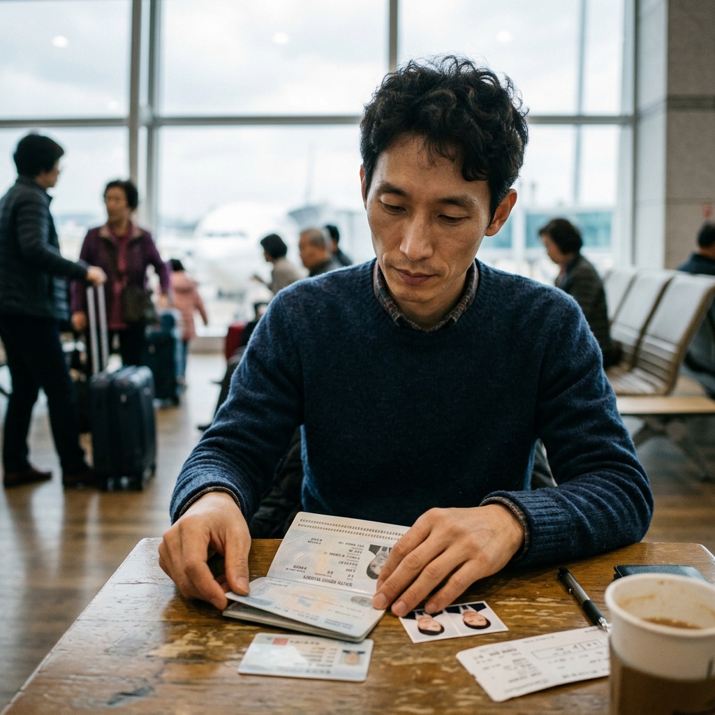 책상 위에 놓인 여권, 신분증, 여권용 사진을 확인하는 한국인 성인의 모습