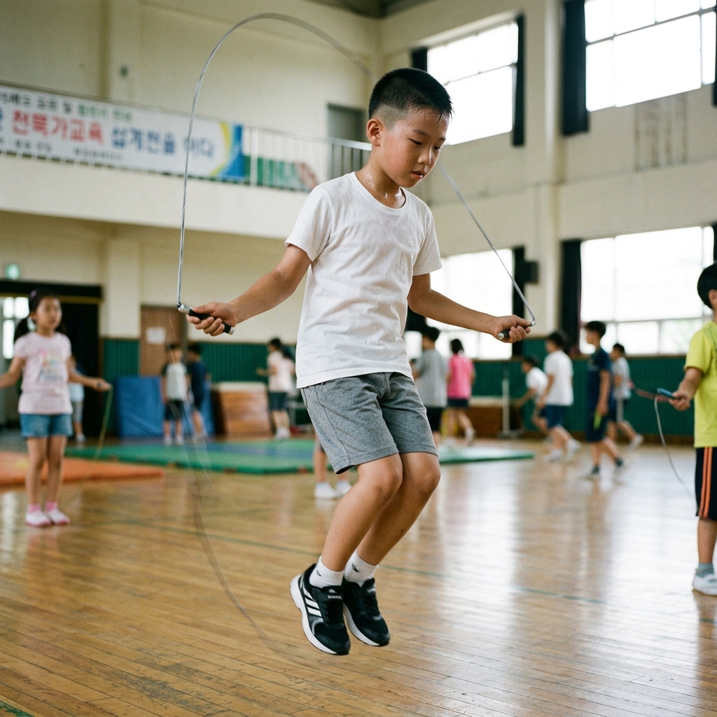 실내 체육관에서 줄넘기를 하는 초등학생 남자아이, 흰색 티셔츠와 회색 반바지 차림, 점프 동작 순간