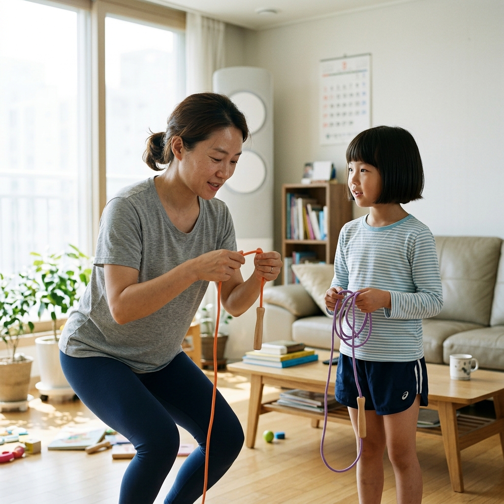 밝은 거실에서 줄넘기 줄을 손에 쥔 초등학생 여자아이와 엄마, 함께 운동 준비 중인 모습
