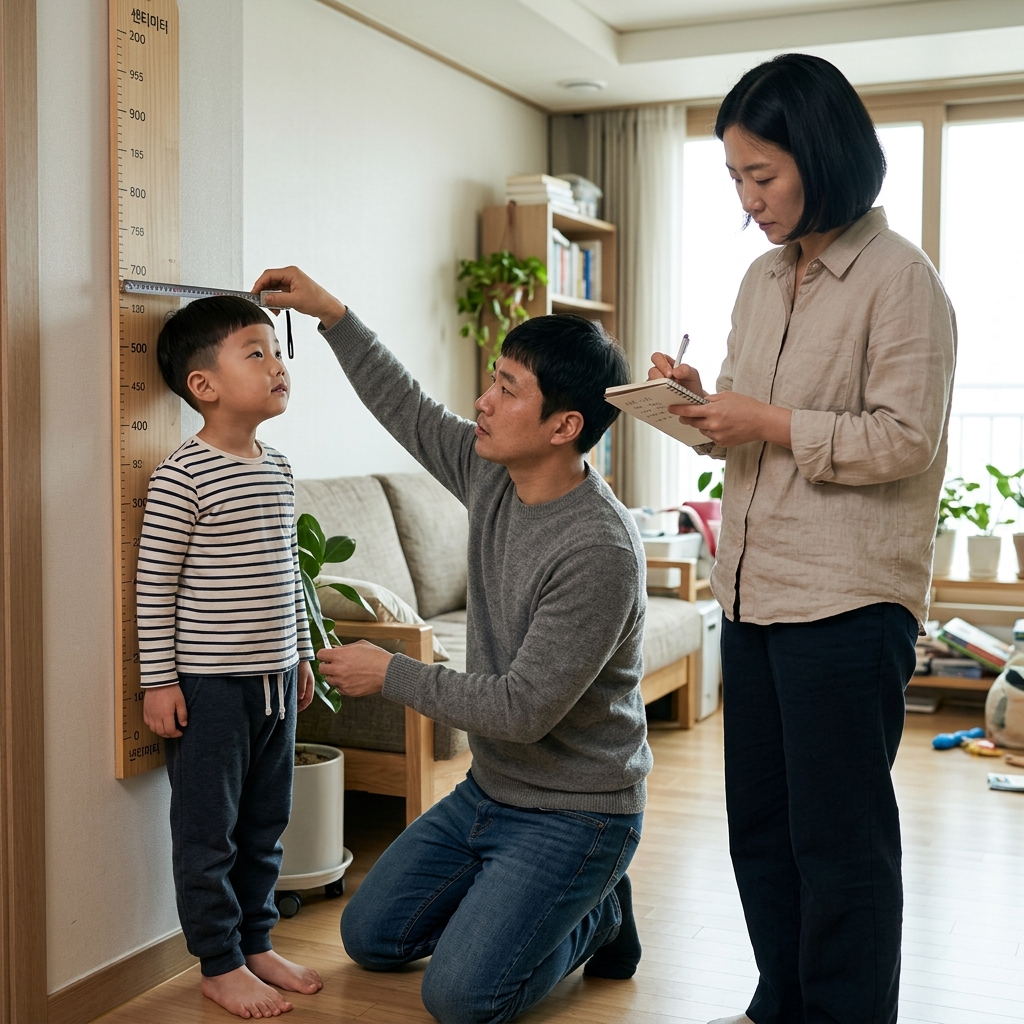 거실 벽에 붙인 키재기 자에 아이를 세우고 부모가 줄자로 키를 재며 노트에 수치를 적는 모습