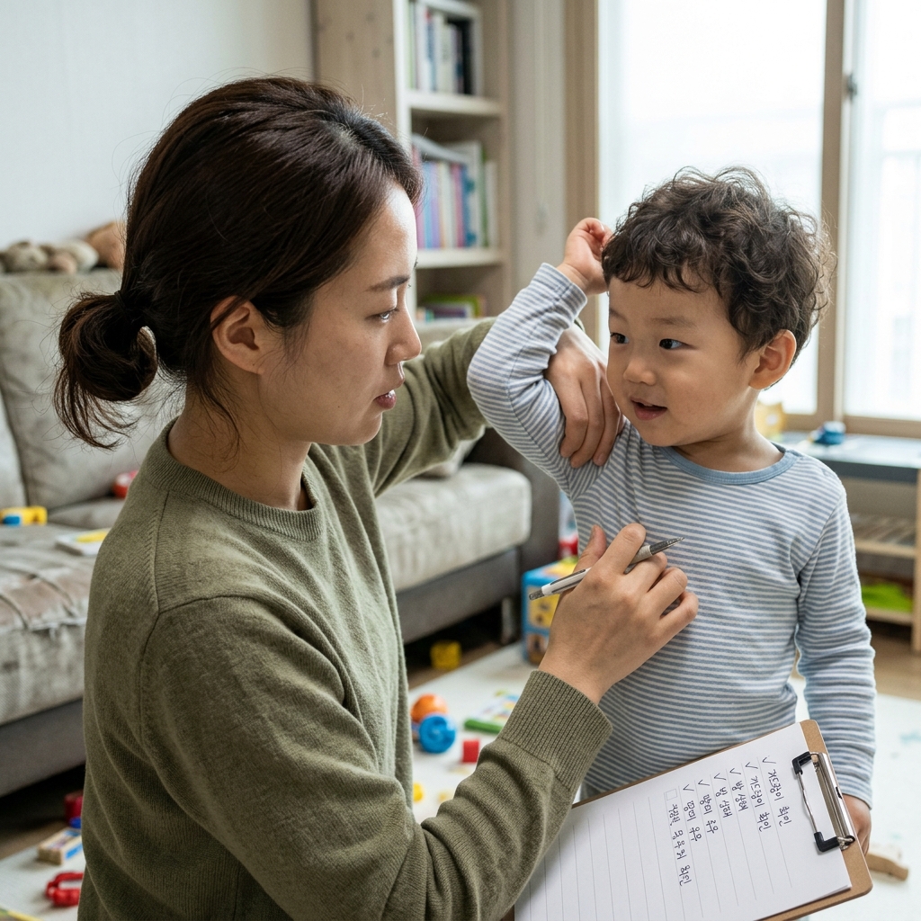 아이의 겨드랑이와 발을 살피는 부모의 손, 체크리스트를 들고 있는 모습