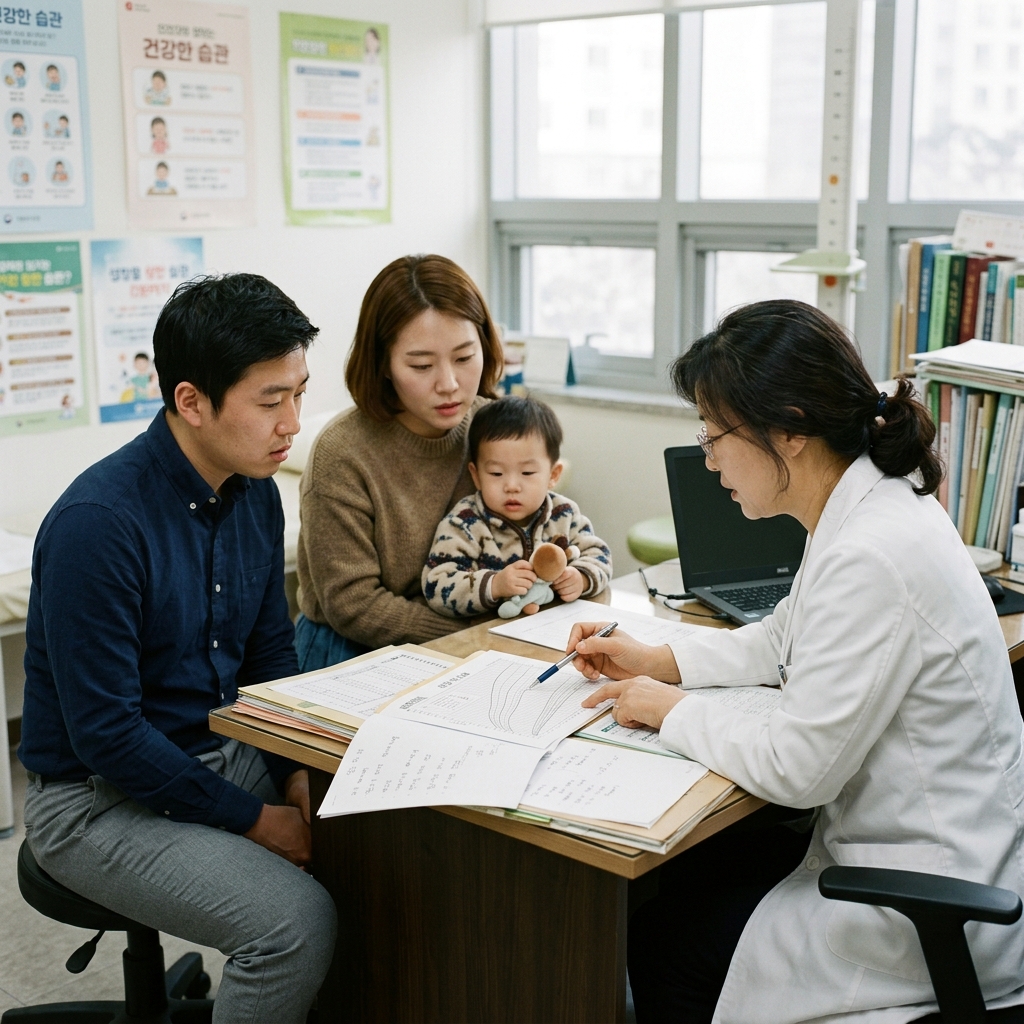 소아청소년과 진료실에서 성장 곡선표를 보며 상담하는 부모와 의료진