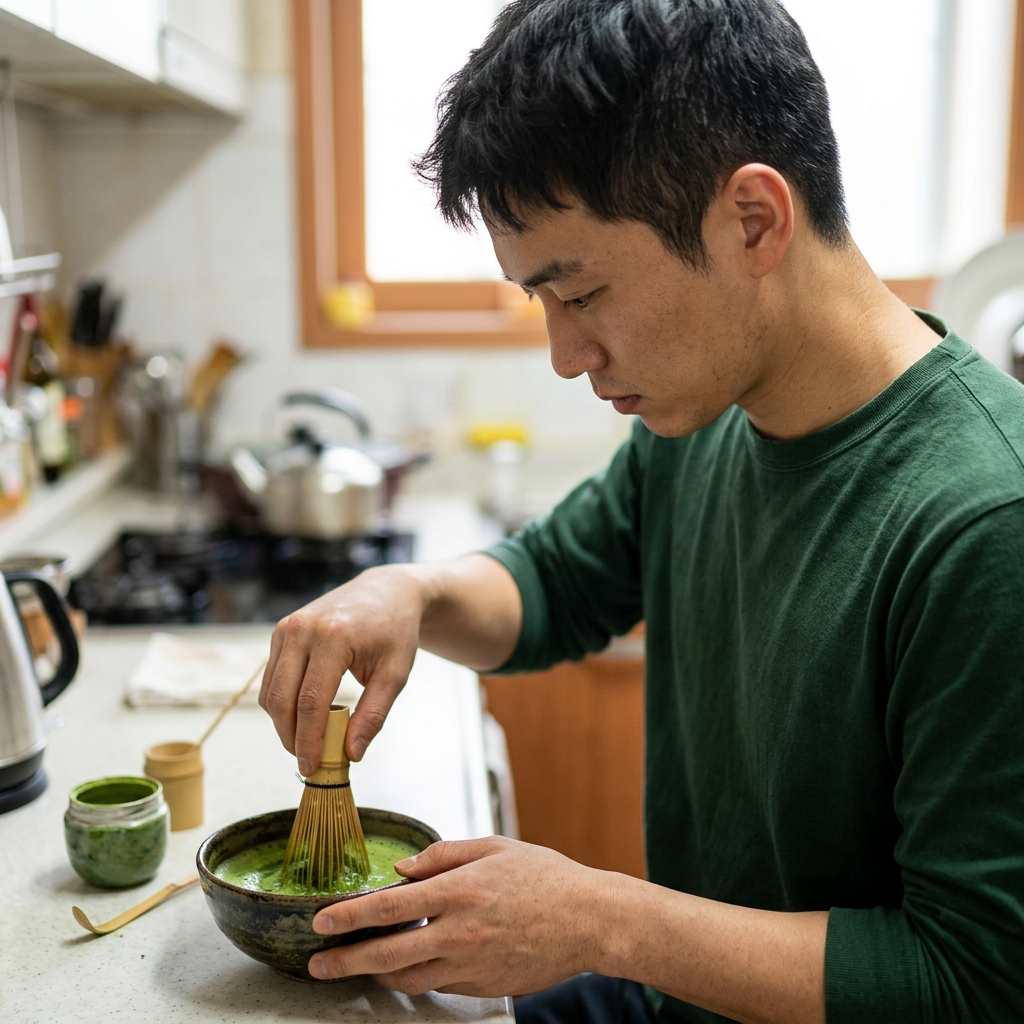 진한 초록빛 말차 가루를 물에 풀고 있는 장면