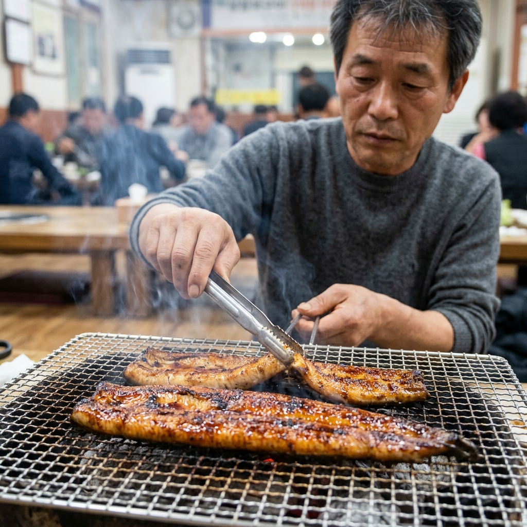 장어구이가 석쇠 위에서 익고 있는 모습