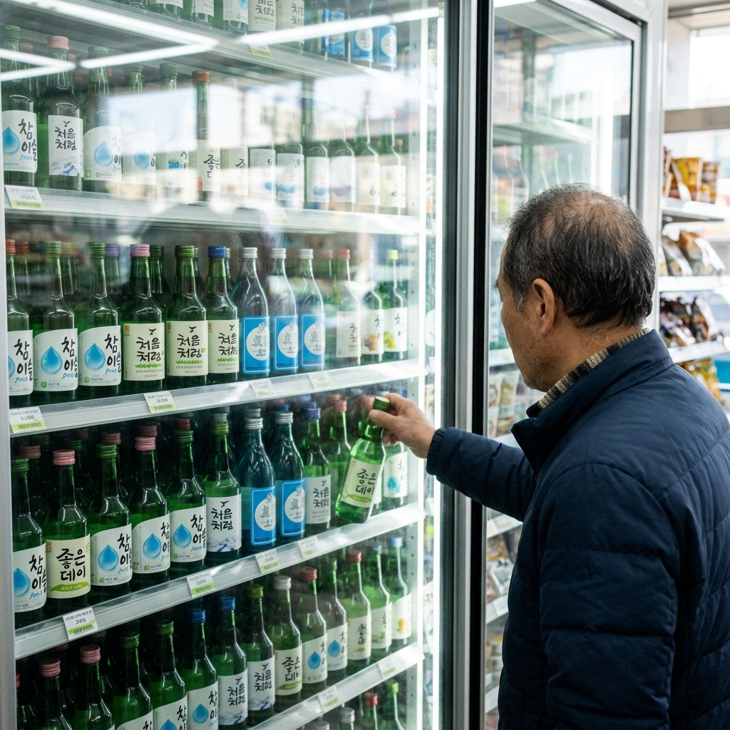 편의점 냉장고에 진열된 다양한 소주 제품들
