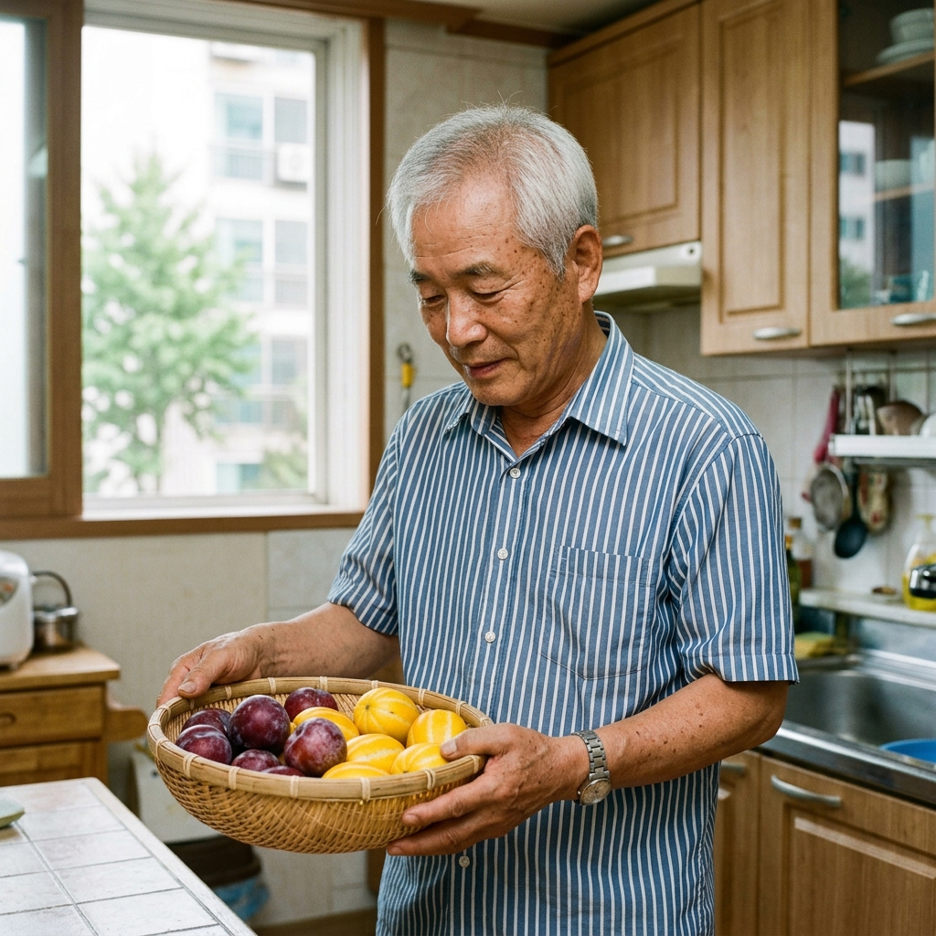 75세 남성이 실내 주방에서 자두와 참외가 담긴 바구니를 들고 있는 모습, 반팔 셔츠, 창밖으로 밝은 자연광