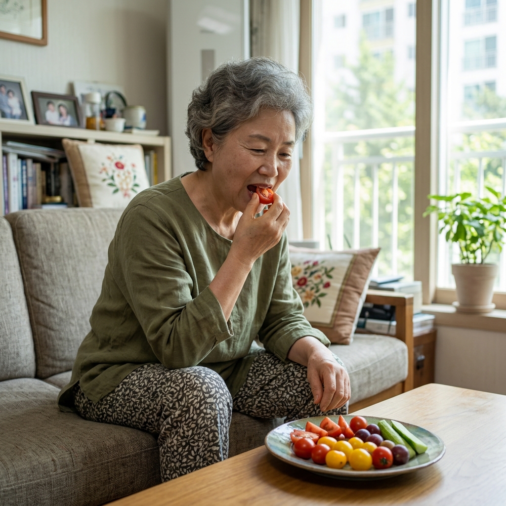 68세 여성이 실내 거실에서 소파에 앉아 과일 접시를 앞에 두고 토마토를 먹는 모습, 얇은 긴팔 블라우스, 창밖으로 밝은 여름 햇살