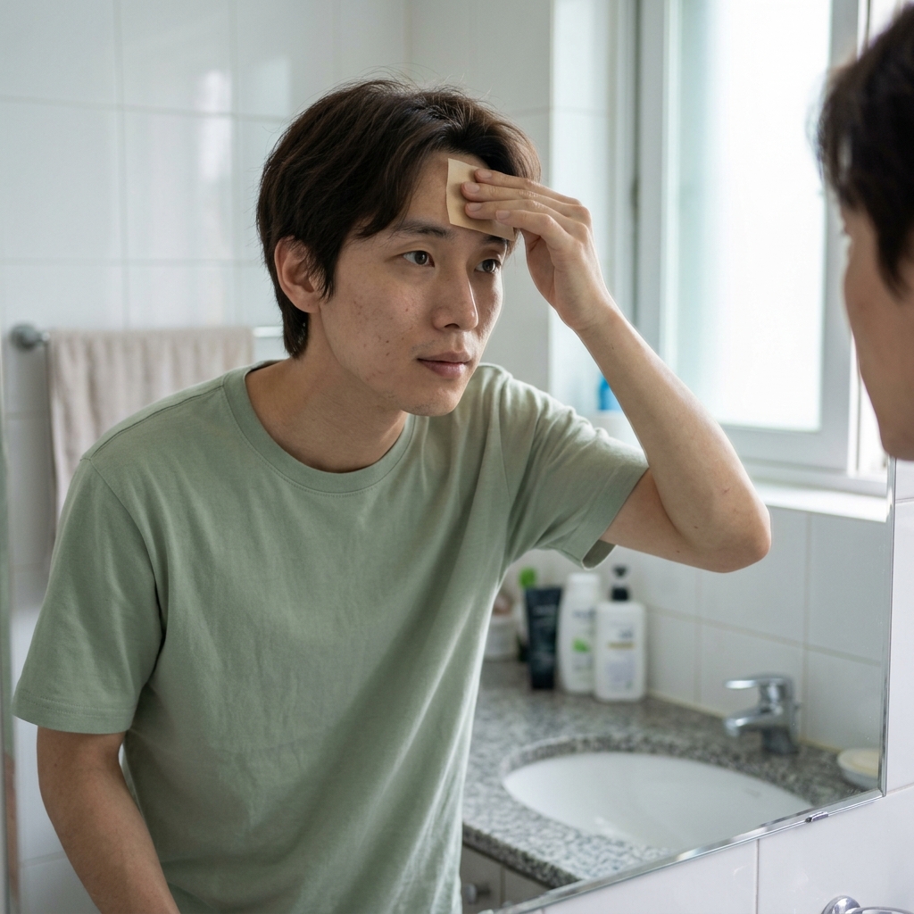 세면대 앞에서 기름종이로 이마 부위를 가볍게 누르고 있는 20대 남성, 밝은 색 반팔 티셔츠 차림, 실내 자연광