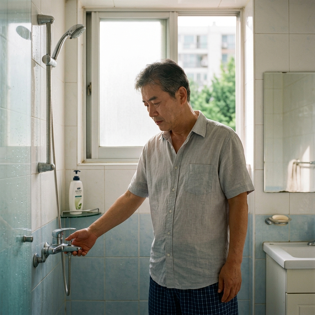 여름 폭염 오후, 얇은 반팔 셔츠 입은 50대 중반 남성이 집 화장실에서 샤워기 온도 조절 손잡이를 만지며 고민하는 모습, 창밖으로 강한 햇빛