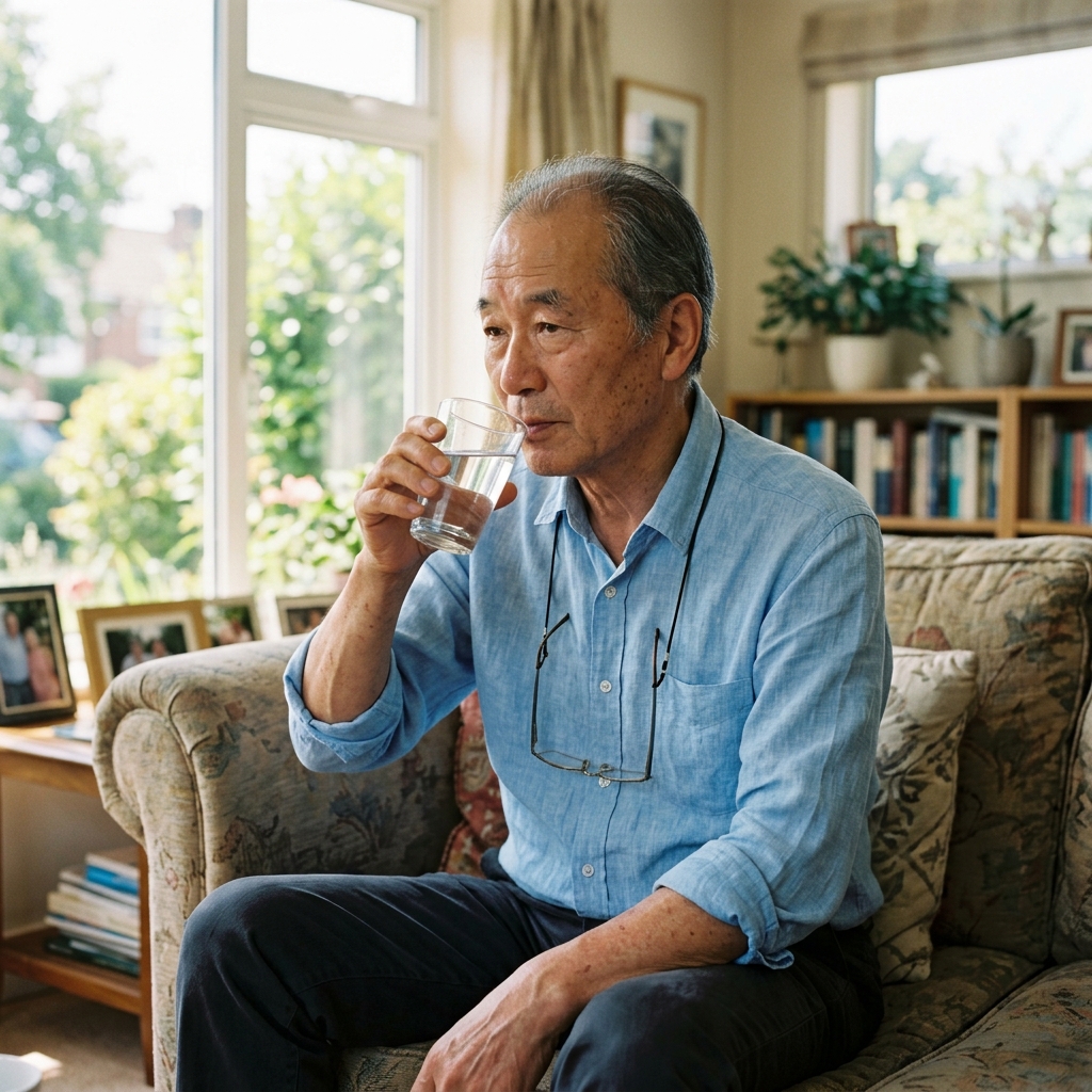 실내 거실 소파에 앉아 물컵을 들고 있는 60대 후반 한국인 남성, 긴 소매를 팔꿈치까지 걷은 차림, 창밖으로 밝은 자연광이 들어오는 여름 오후