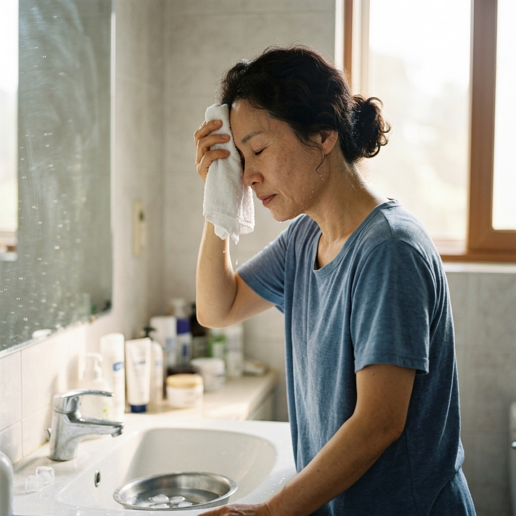 아침 세면대 앞에서 얼음물에 적신 수건을 얼굴에 올린 40대 중반 여성의 모습, 창밖으로 밝은 여름 햇살이 들어오고 반팔 잠옷 차림