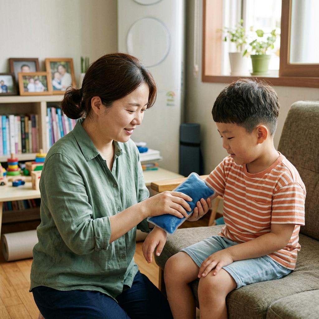 한국인 보호자가 어린이 팔에 냉찜질 팩을 대주는 장면, 밝은 실내, 부드러운 표정, 텍스트 없음